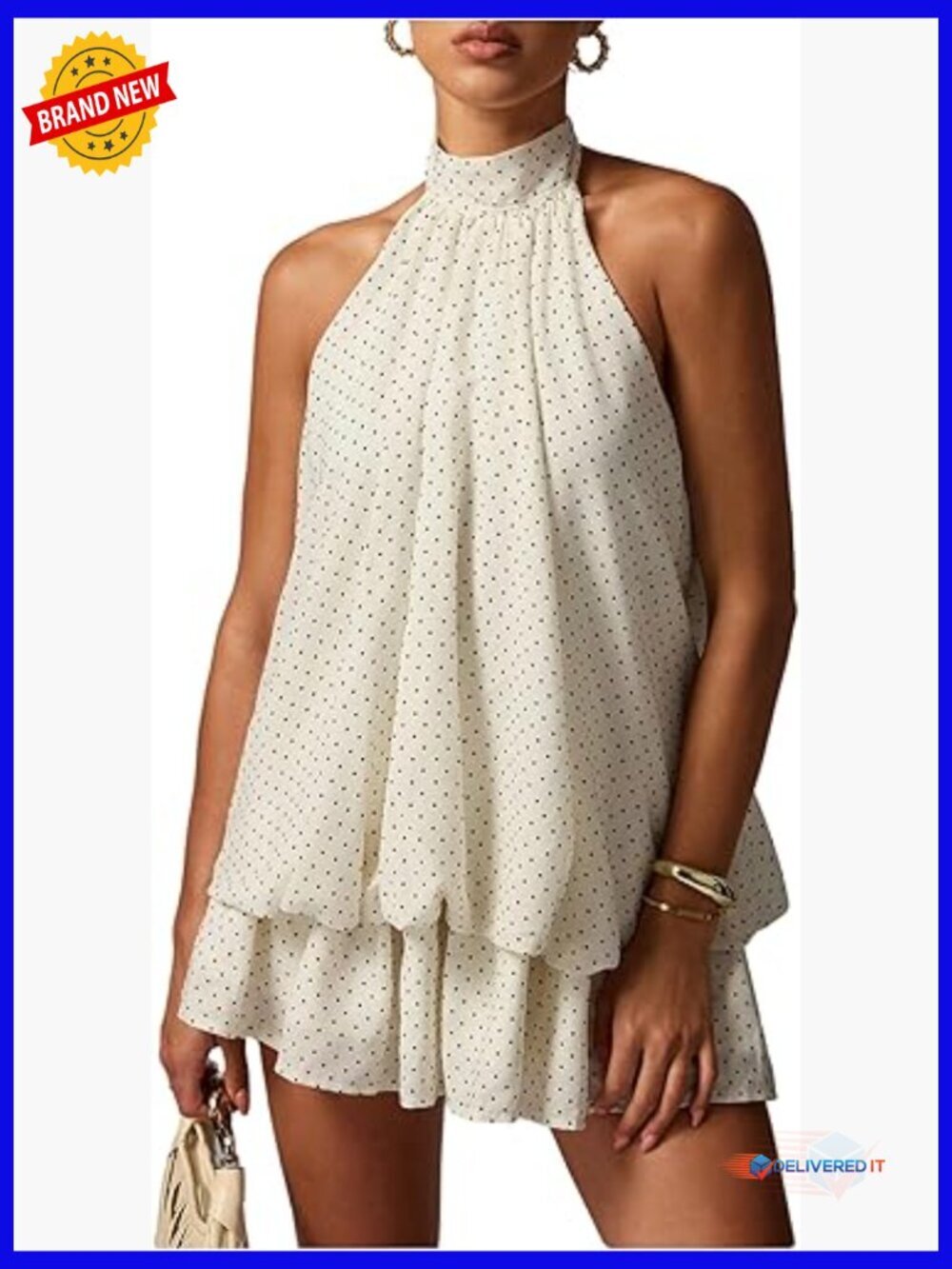 Polka Dot Halter Mini Dress Sleeveless A-Line Backless Going Out